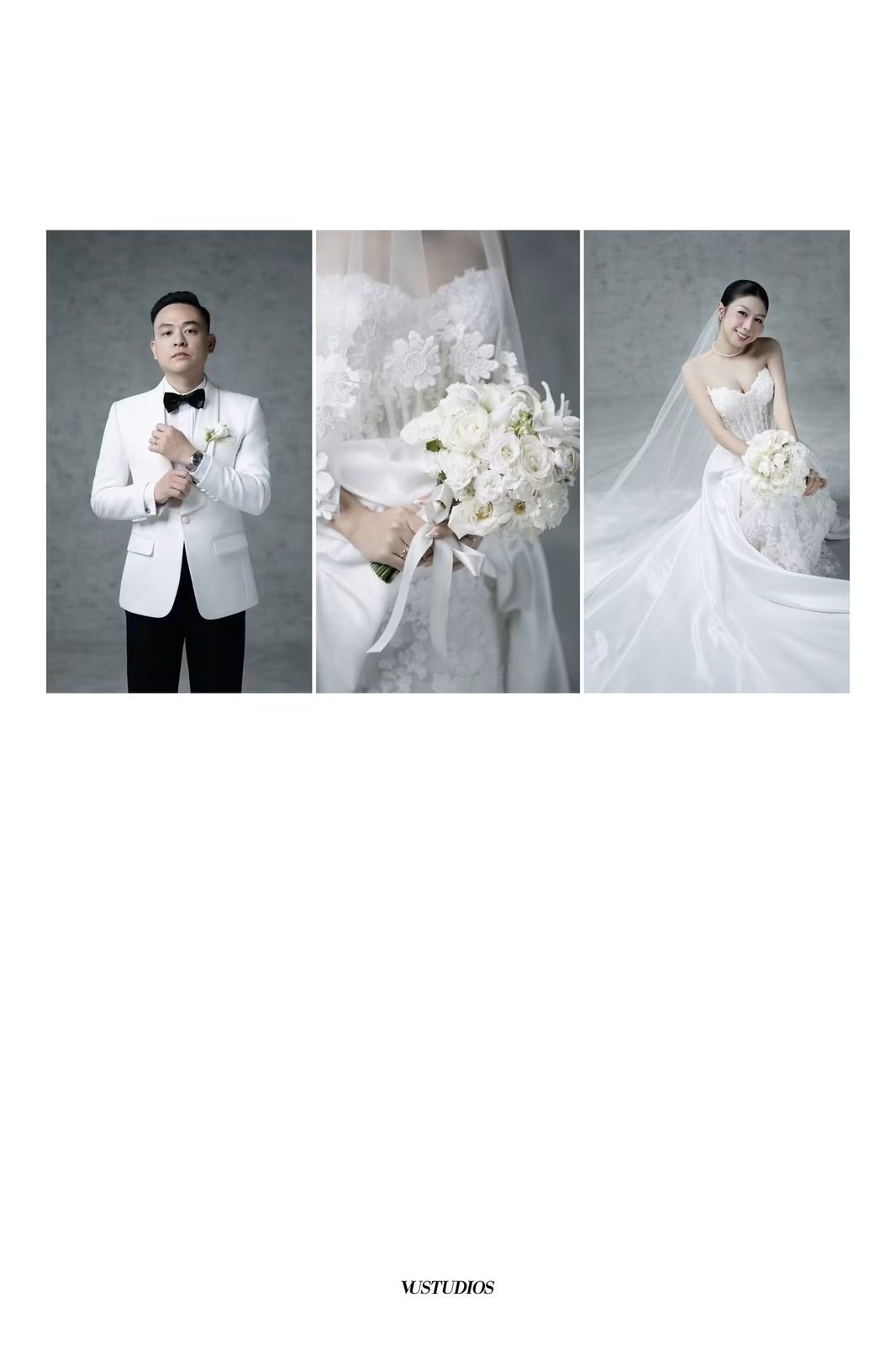 Bộ ba ảnh chú rể áo vest trắng nơ đen, bó hoa trắng và cô dâu váy trắng ngồi cầm hoa