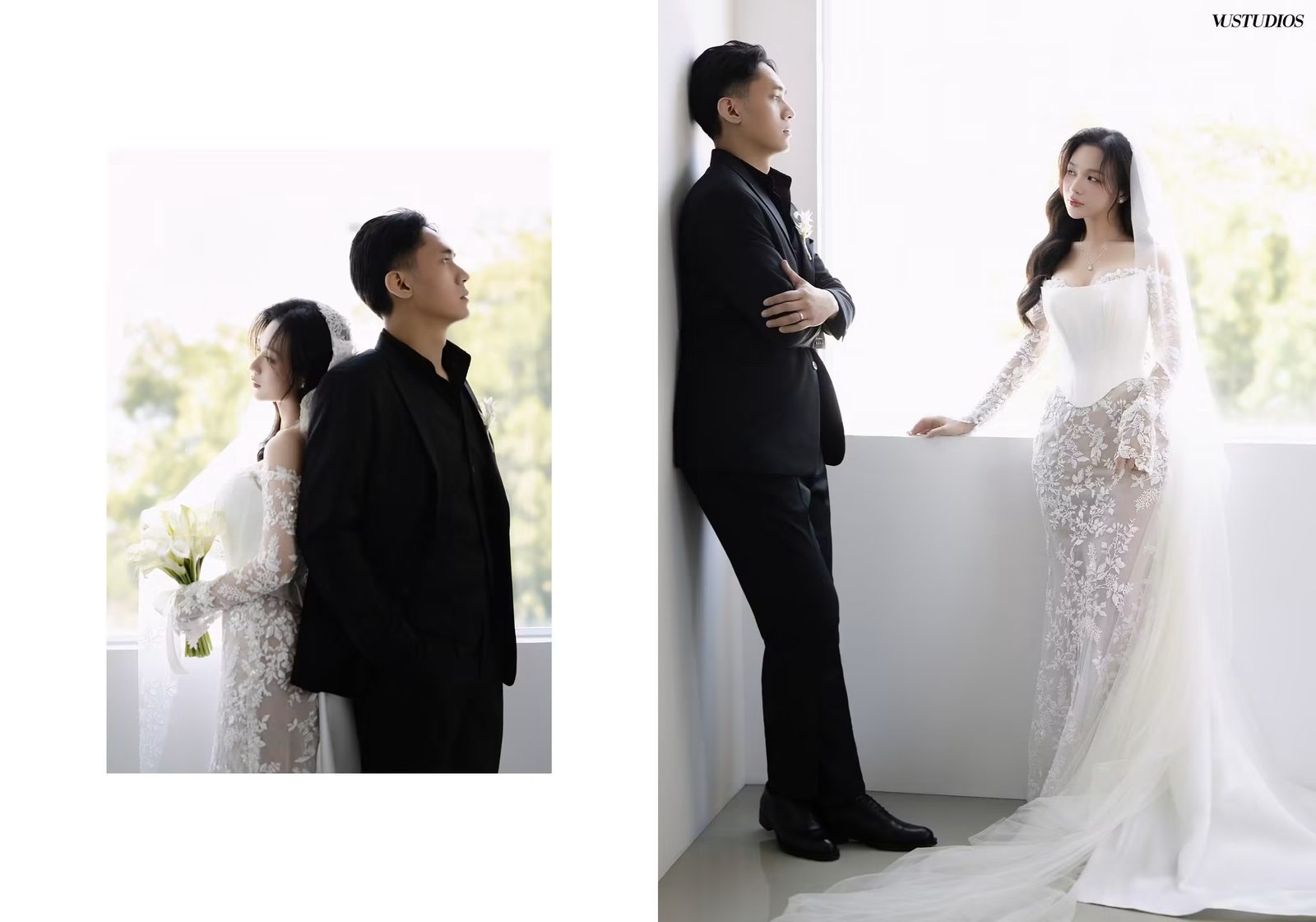 Hai ảnh cô dâu váy ren tay dài và chú rể suit đen đứng cạnh nhau bên cửa sổ sáng