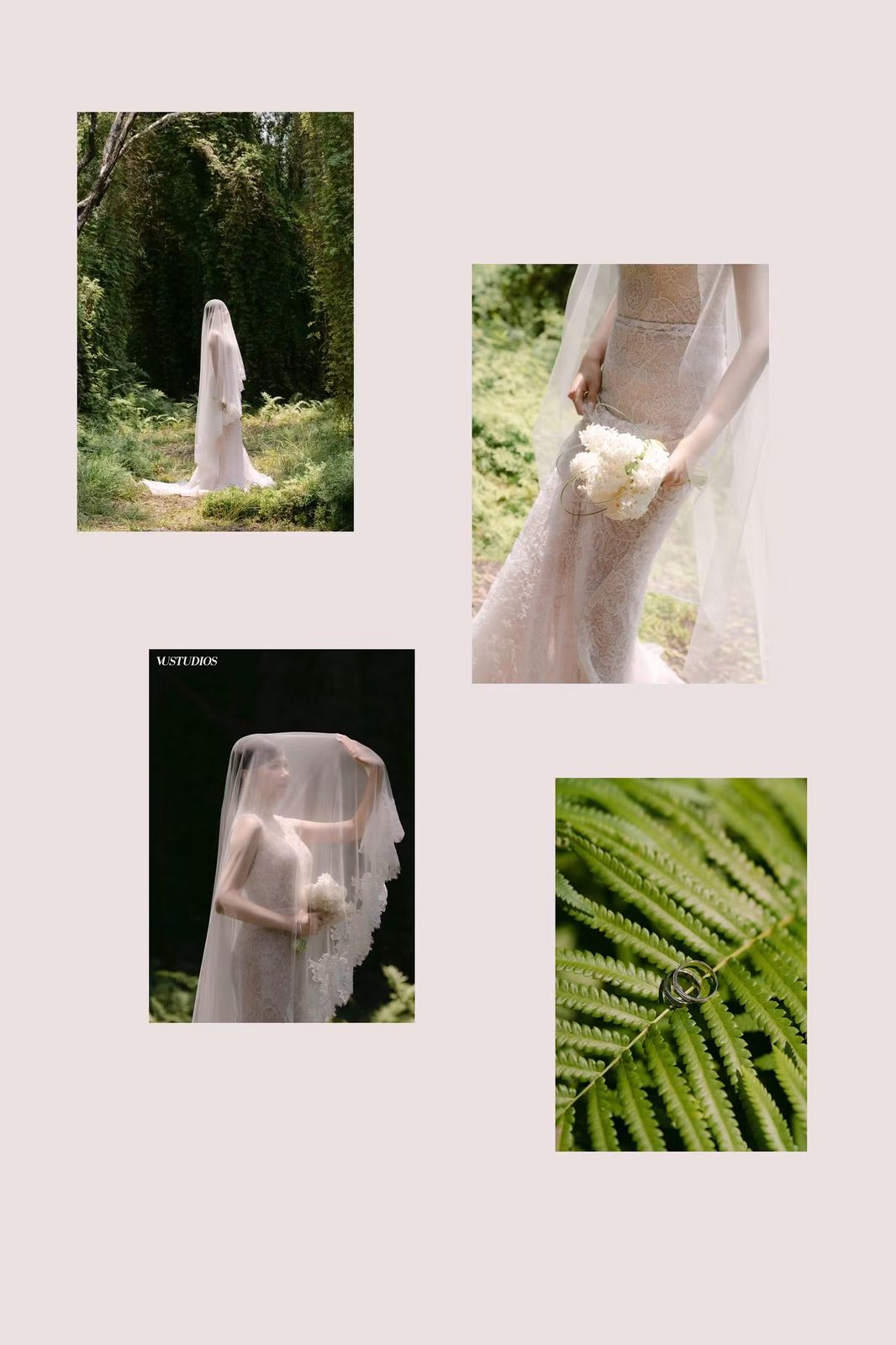 Moodboard bốn ảnh cô dâu váy ren phủ voan giữa khu vườn xanh và chiếc lá dương xỉ