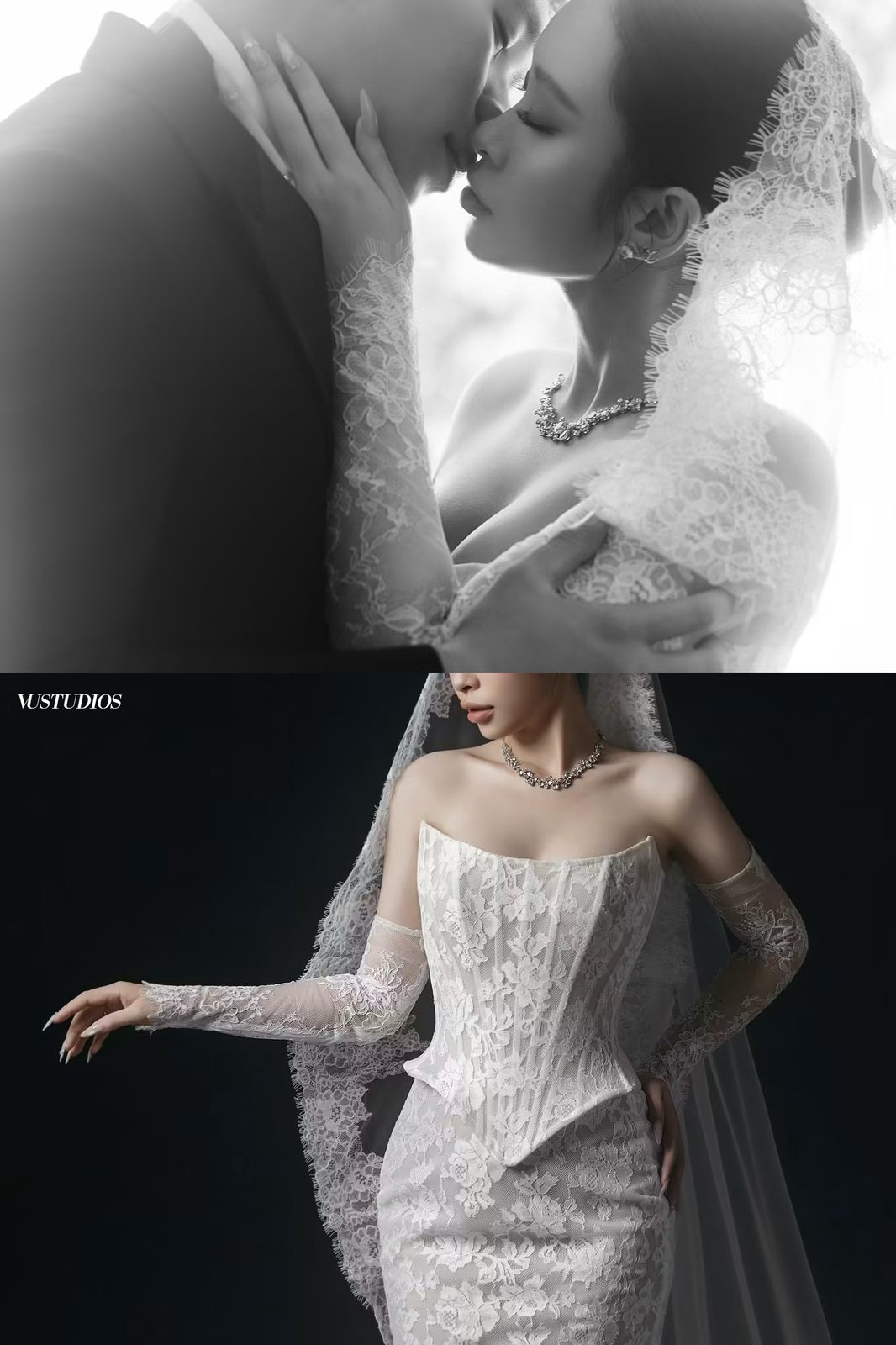 Bộ hai ảnh đen trắng và nền tối: cô dâu chú rể thân mật và áo corset ren Pháp tay dài phủ voan