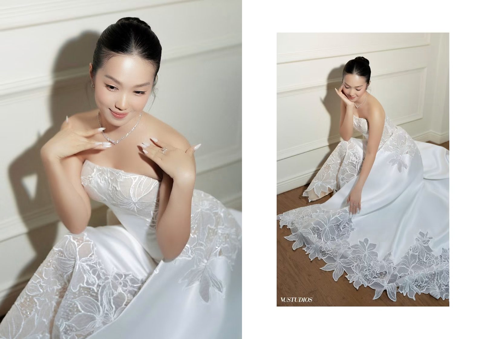 Cô dâu váy cưới trơn cúp ngực với họa tiết hoa nổi ở gấu váy bên tường trắng